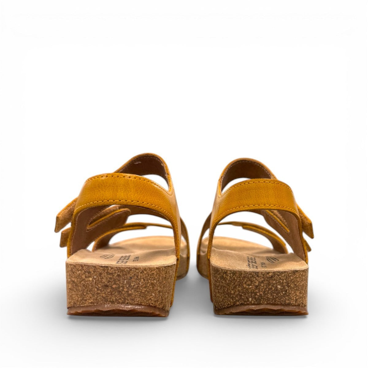 Josef Seibel Tonga 25 yellow leather sandal with three adjustable hook and loop straps and cork midsole. photo of the back.