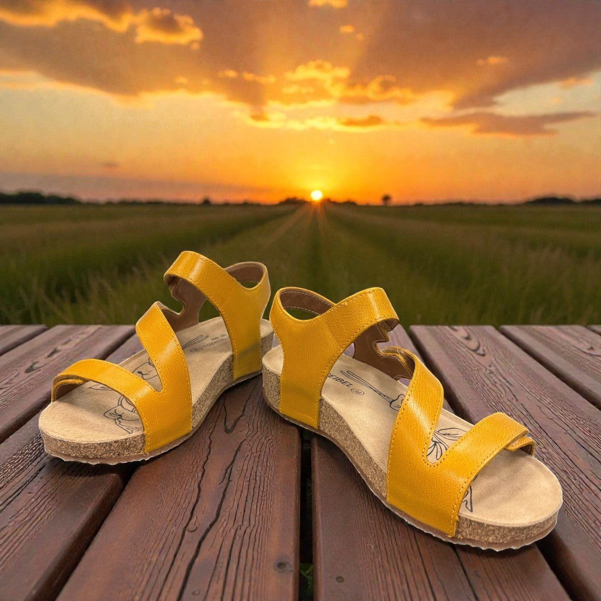 Josef Seibel Tonga 25 yellow leather sandal with three adjustable hook and loop straps and cork midsole. photo of the front.