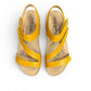 Josef Seibel Tonga 25 yellow leather sandal with three adjustable hook and loop straps and cork midsole. photo of the top.