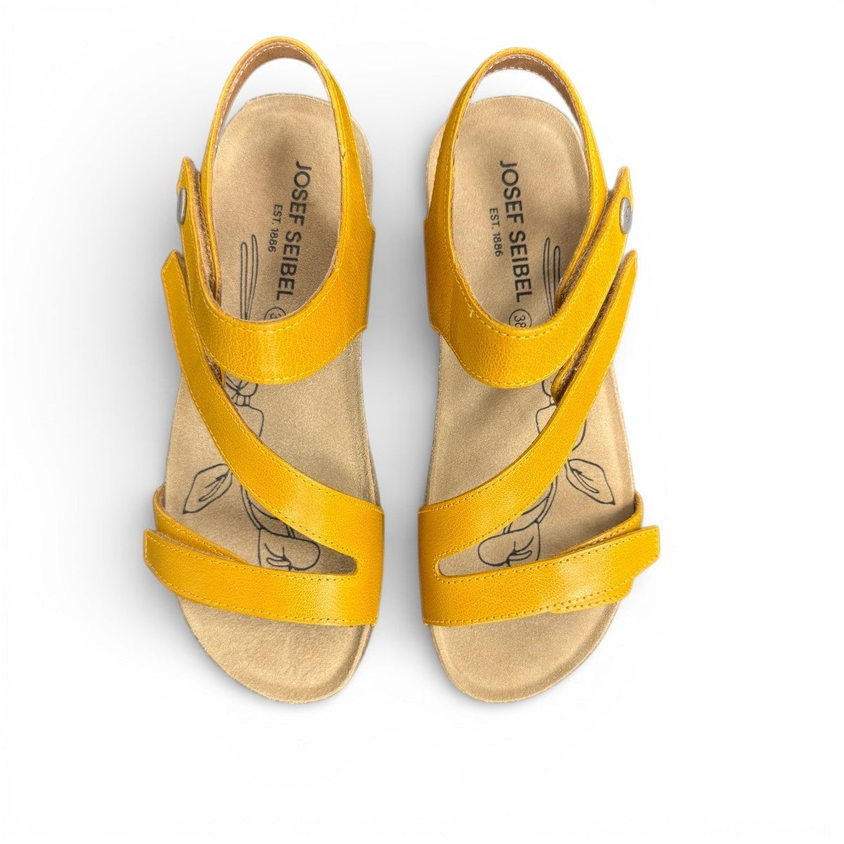 Josef Seibel Tonga 25 yellow leather sandal with three adjustable hook and loop straps and cork midsole. photo of the top.