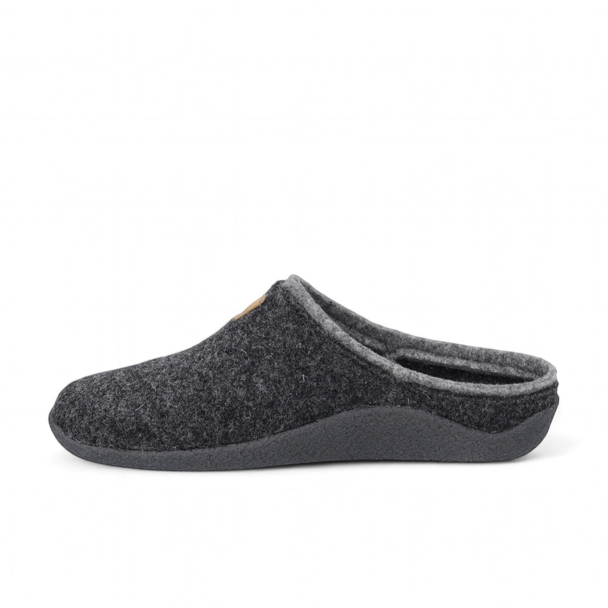 Josef Seibel Vinny anthracite felt slip-on slippers with a cozy textile lining and JS logo detail.
photo of the left side.