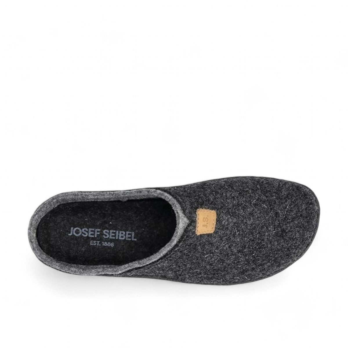 Josef Seibel Vinny anthracite felt slip-on slippers with a cozy textile lining and JS logo detail.
photo of the top.
