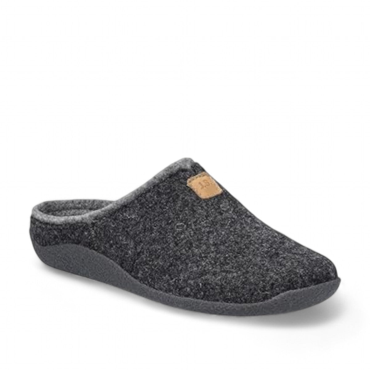 Josef Seibel Vinny anthracite felt slip-on slippers with a cozy textile lining and JS logo detail.
photo of the front.