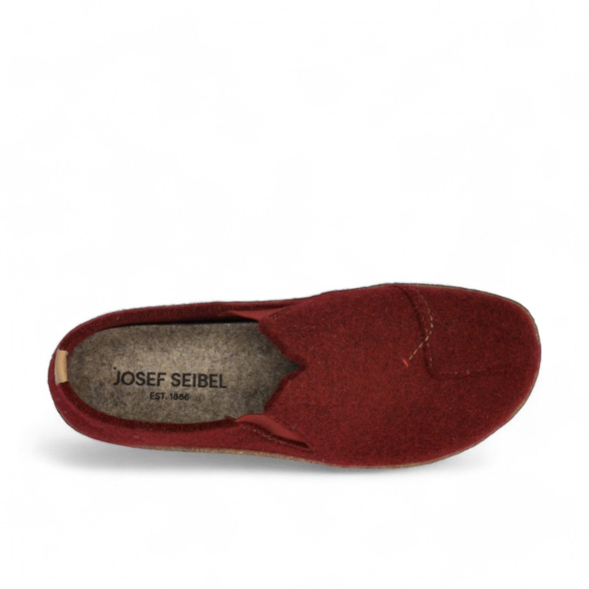 JOSEF SEIBEL Vinny 05 bordeaux felt slipper with a cork-effect sole and elasticated strap for easy wear.
photo of the top.