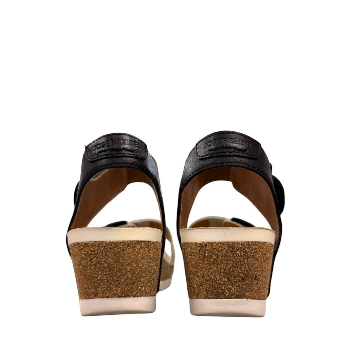 Josef Seibel Quinn 02 wedge sandal in basalt kombi leather with adjustable straps and cork midsole.
photo of the back.