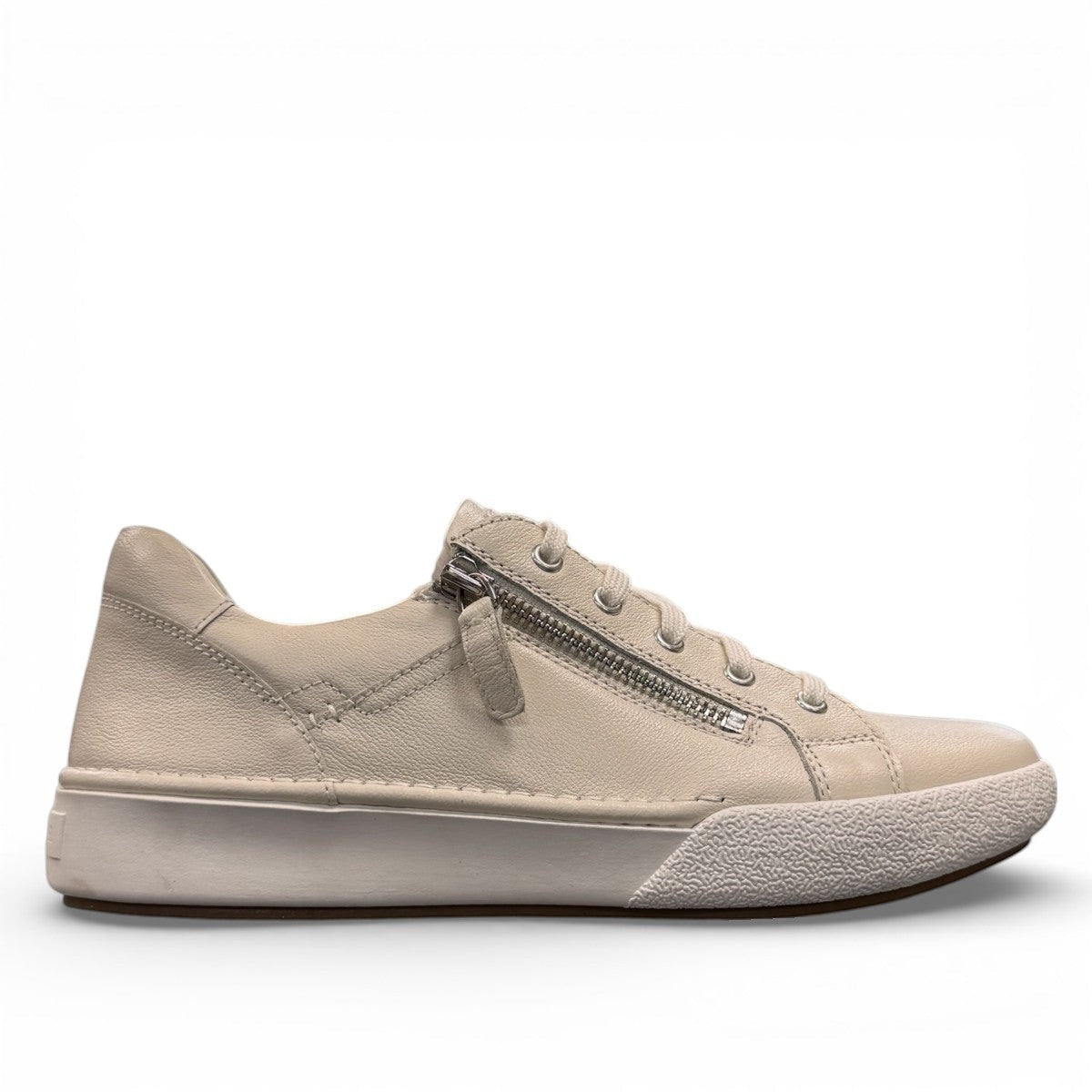 Josef Seibel Claire 03 white leather sneakers with side zip and lace-up closure on a rubber sole. photo of the right side.