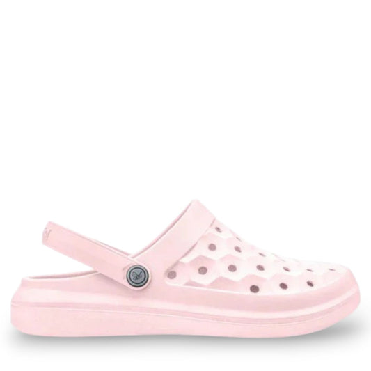 JOYBEES Varsity Clog in pale pink made from lightweight EVA with a honeycomb pattern and pivoting heel strap.