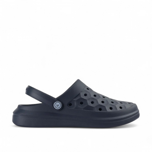 Joybees navy blue  Varsity Clog with a honeycomb pattern, pivoting heel strap, and lightweight EVA design.
