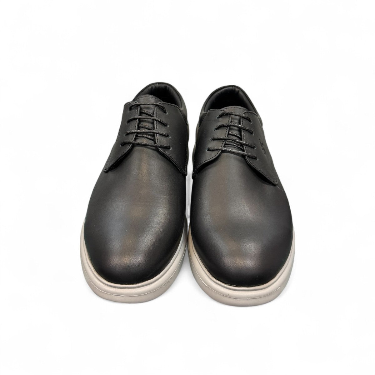 KABEE ALBORZ black leather men's dress shoe with a comfortable light grey rubber sole. Photo of front view.