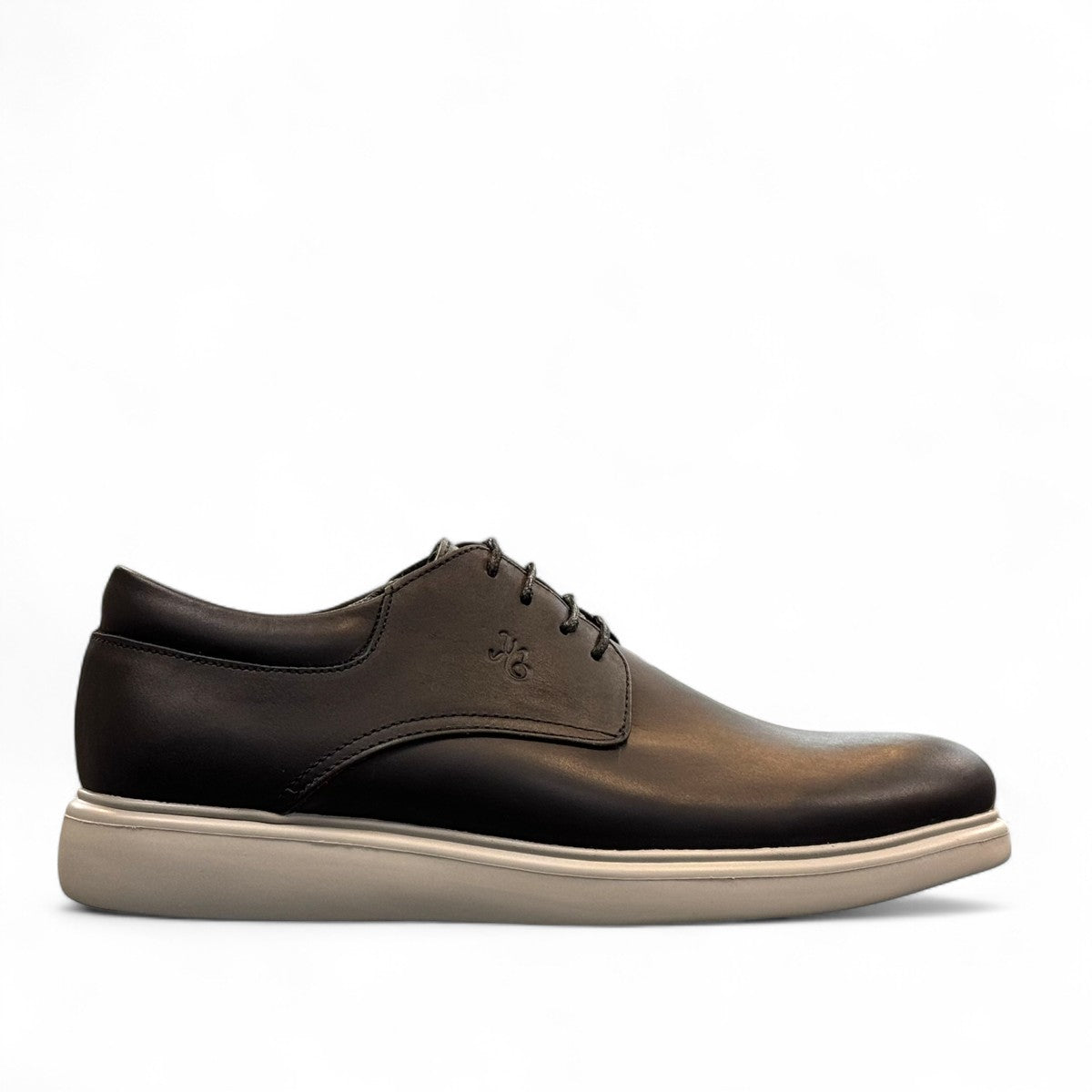 KABEE ALBORZ black leather men's dress shoe with a comfortable light grey rubber sole. Photo of right side view.