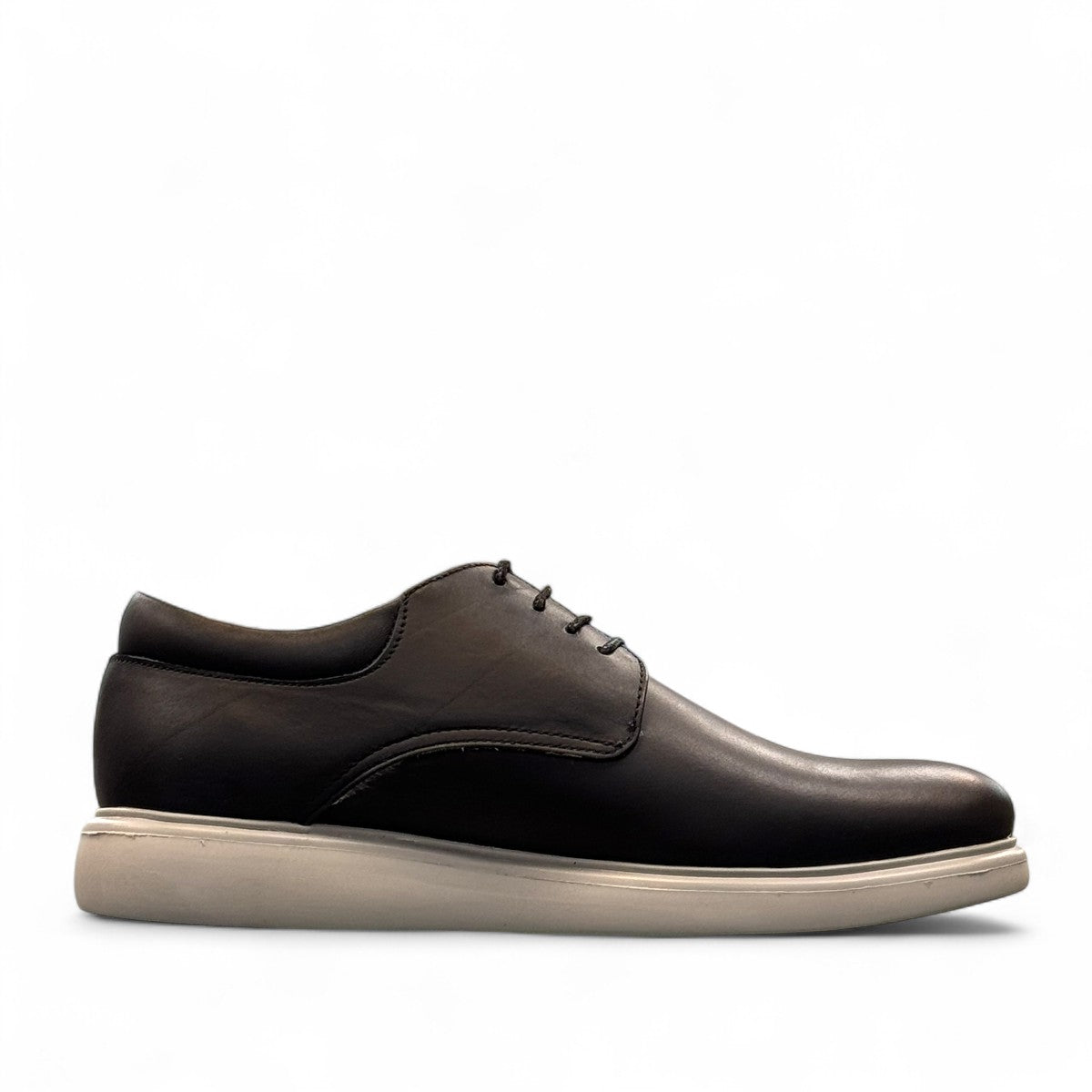 KABEE ALBORZ black leather men's dress shoe with a comfortable light grey rubber sole. Photo of left side view.