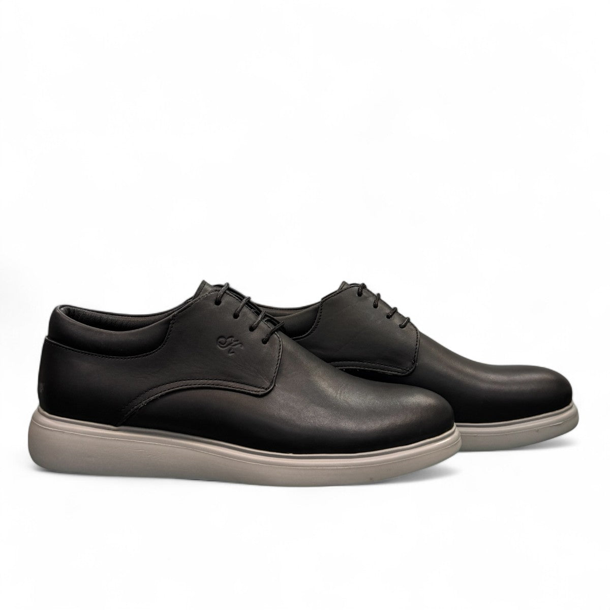 KABEE ALBORZ black leather men's dress shoe with a comfortable light grey rubber sole. Photo of side views.