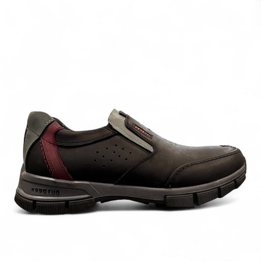 Kavalli Khavin black leather slip-on men's shoes with rubber outsole and maroon accent detail. Photo of right side view.