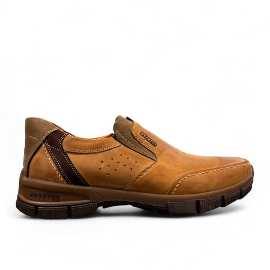 Kavalli Khavin brown leather slip-on shoes with perforated side details and a durable rubber sole. Photo of right side view.