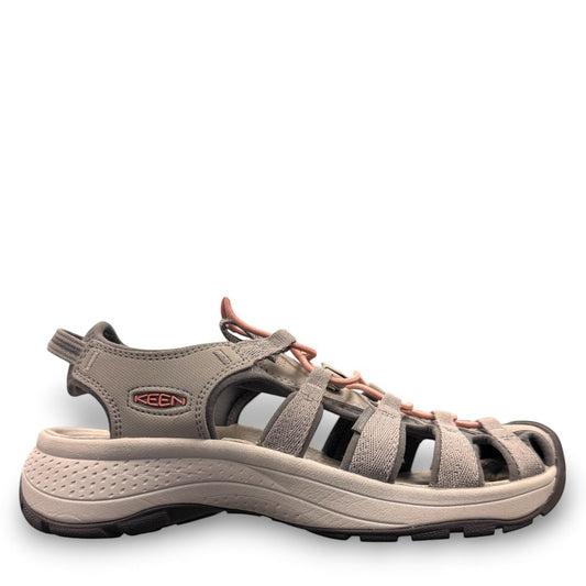 KEEN Astoria West women's hybrid sandal in gray with coral accents. Features recycled materials and a slip-on design.