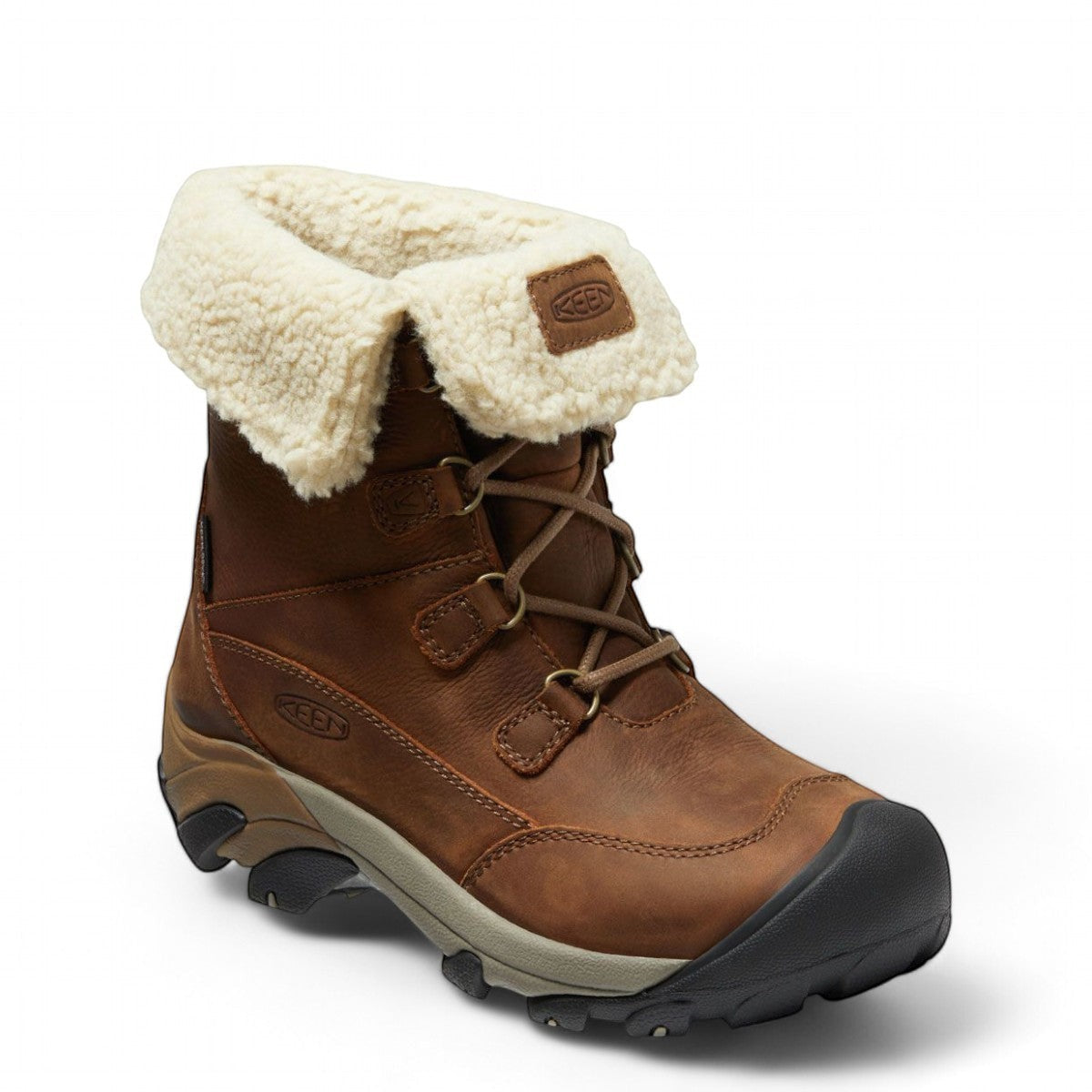 KEEN Betty Boot Short WP waterproof leather winter boots in brown with cream sherpa lining and lace-up closure.