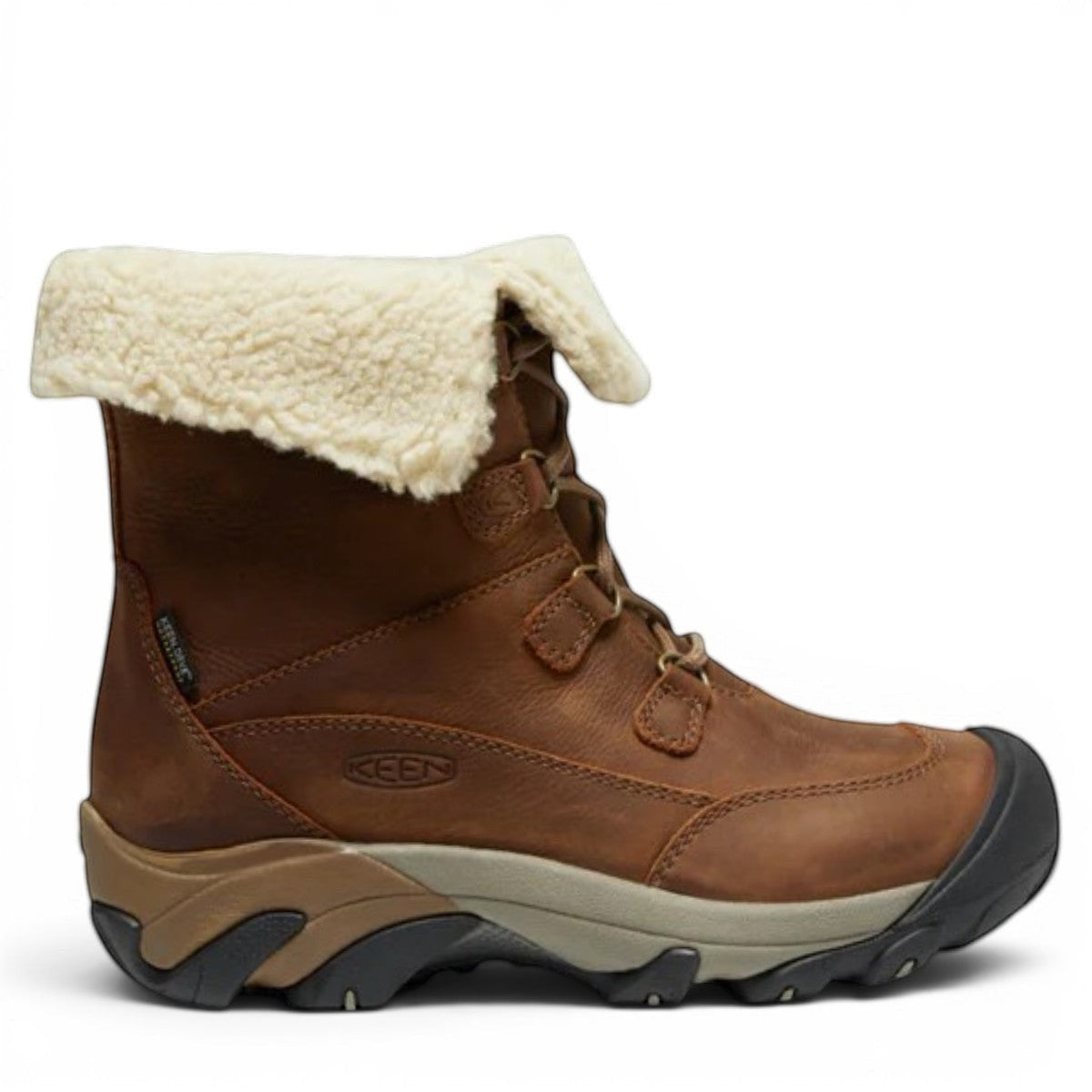 KEEN Betty Boot Short WP women's brown waterproof leather winter boots with faux fur lining and lace-up closure.