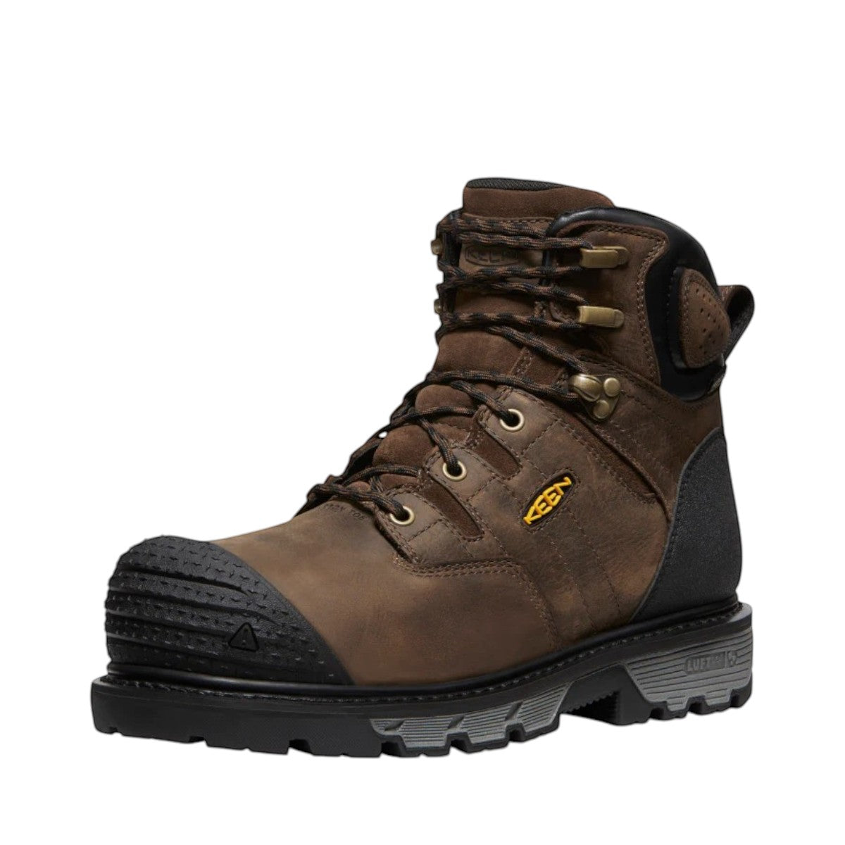 KEEN CSA CAMDEN 6" WP work boots in dark earth brown leather with black protective toe cap and KEEN logo.