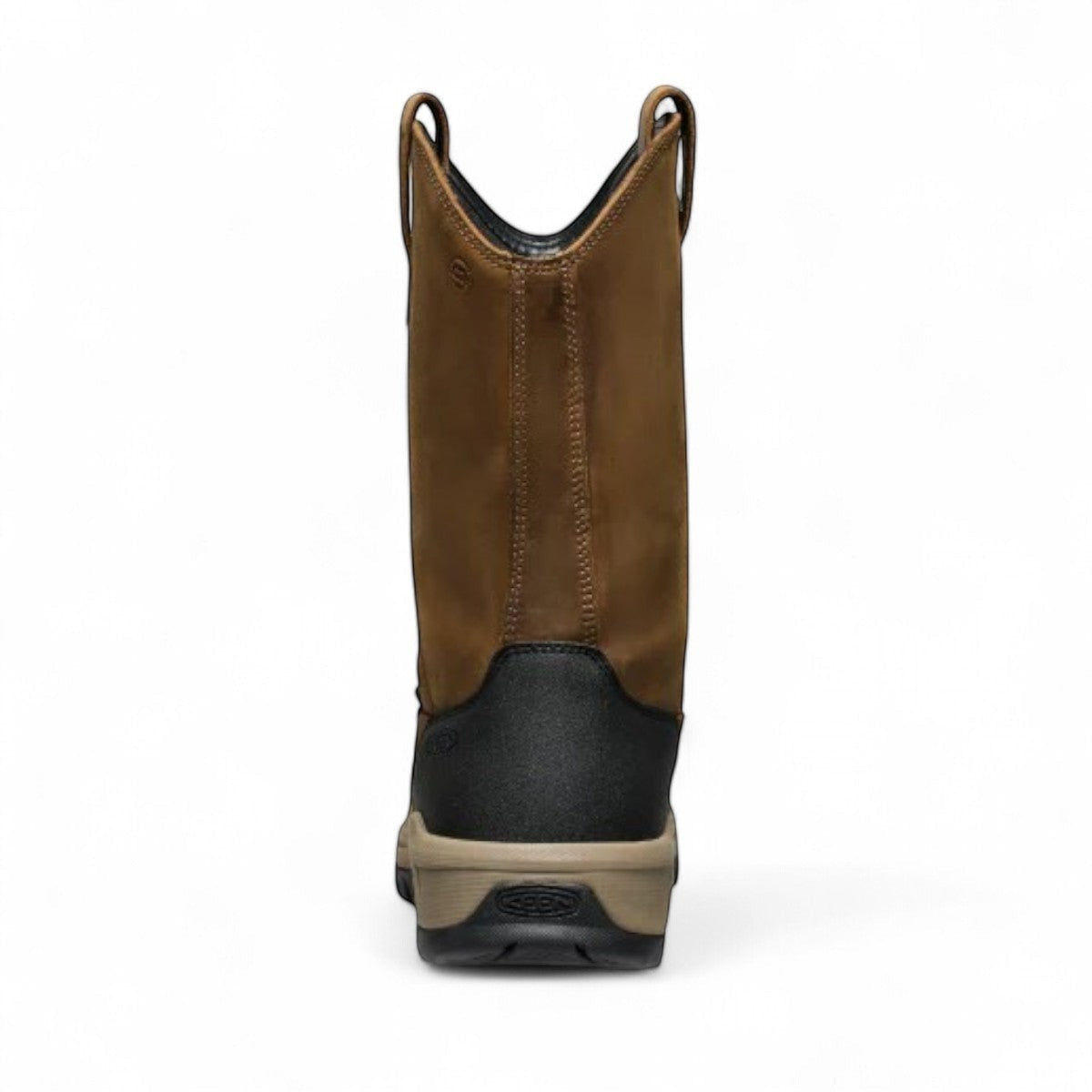 KEEN CSA EVANSTON PULL ON WP waterproof leather work boots in bison/black with carbon toe and slip-resistant sole.