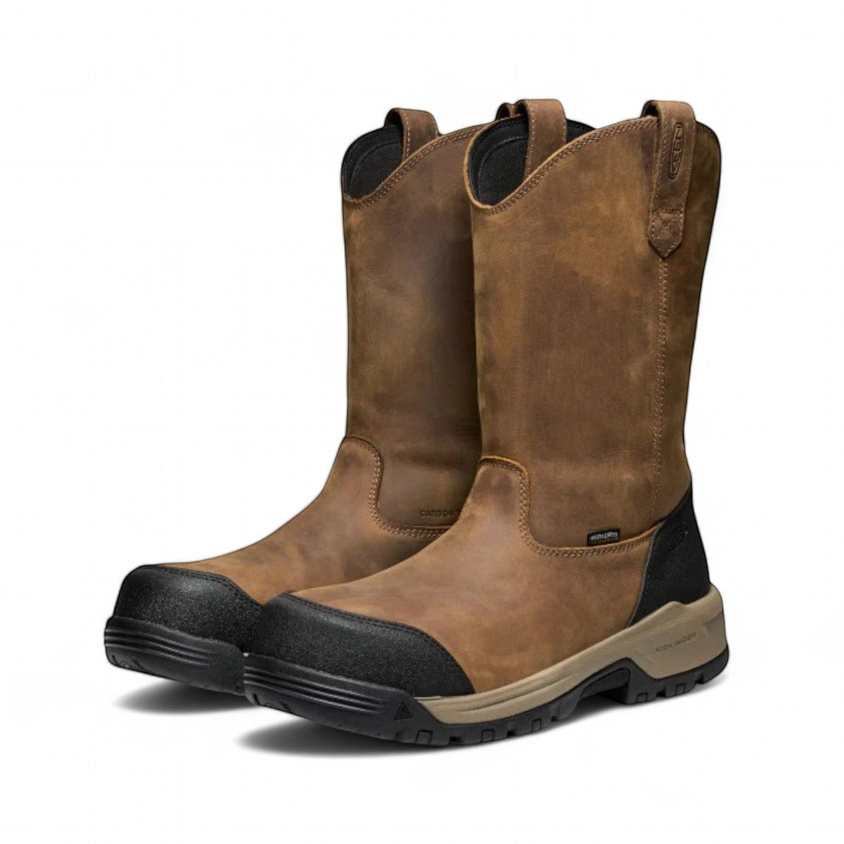 KEEN CSA EVANSTON PULL ON WP waterproof leather work boots in bison/black with carbon toe and slip-resistant sole.