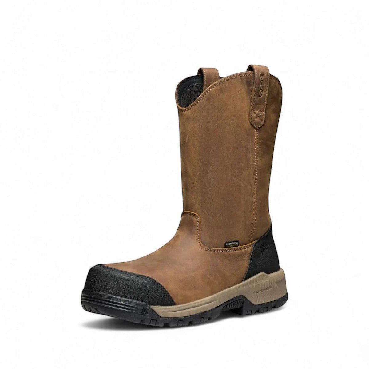KEEN CSA EVANSTON PULL ON WP waterproof leather work boots in bison/black with carbon toe and slip-resistant sole.