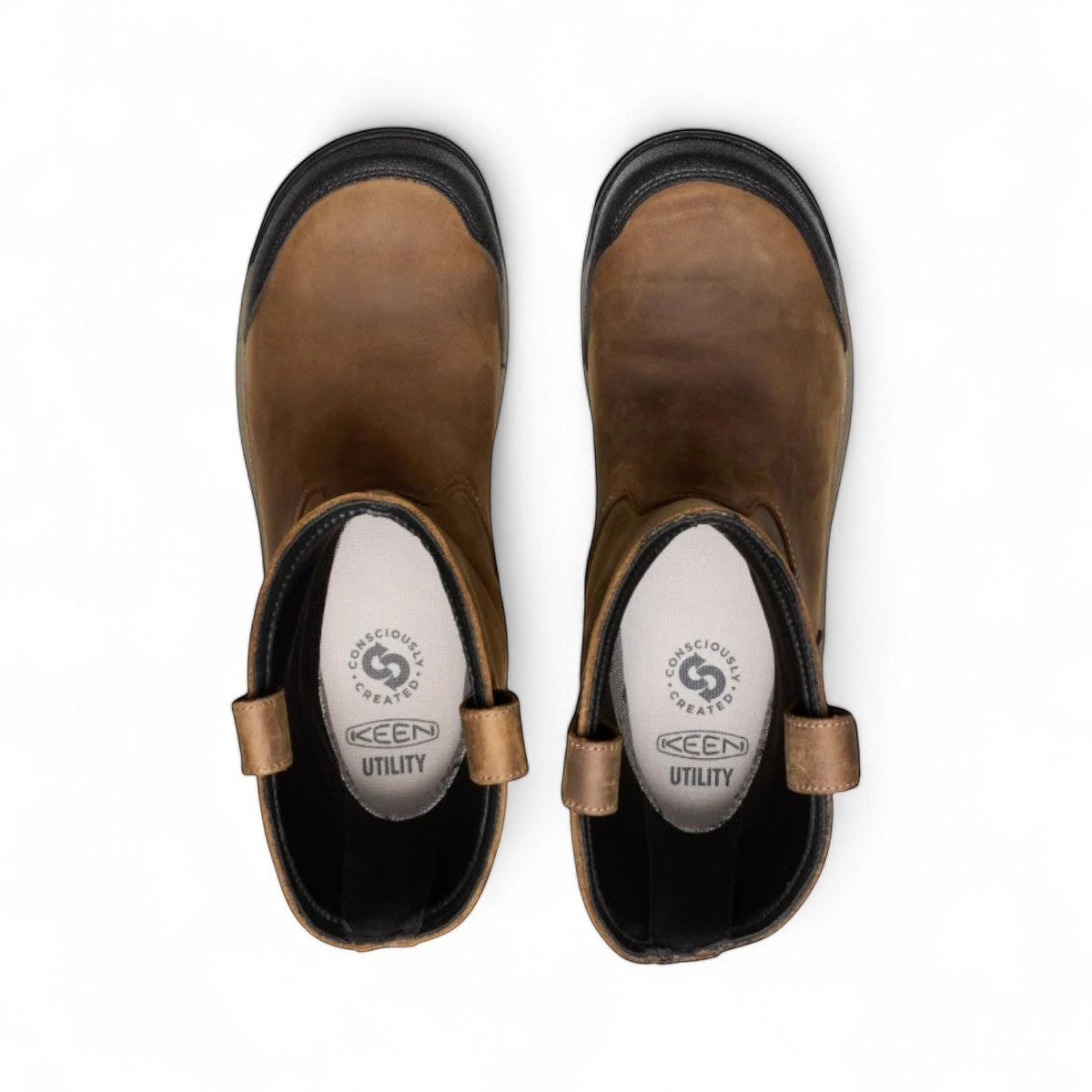 KEEN CSA EVANSTON PULL ON WP waterproof leather work boots in bison/black with carbon toe and slip-resistant sole.