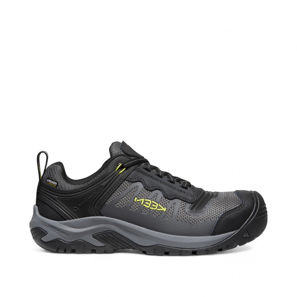 KEEN CSA RENO KBF Waterproof work shoe in steel grey and evening primrose with KEEN.DRY and carbon toe.