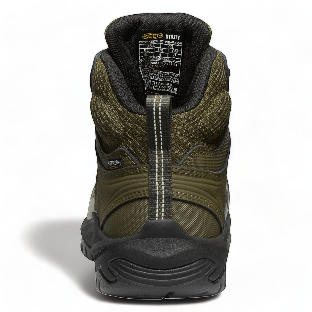 KEEN CSA Reno Mid kbf waterproof work boot in olive green with carbon toe and durable mesh upper.