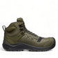 KEEN CSA Reno Mid kbf waterproof work boot in olive green with carbon toe and durable mesh upper.