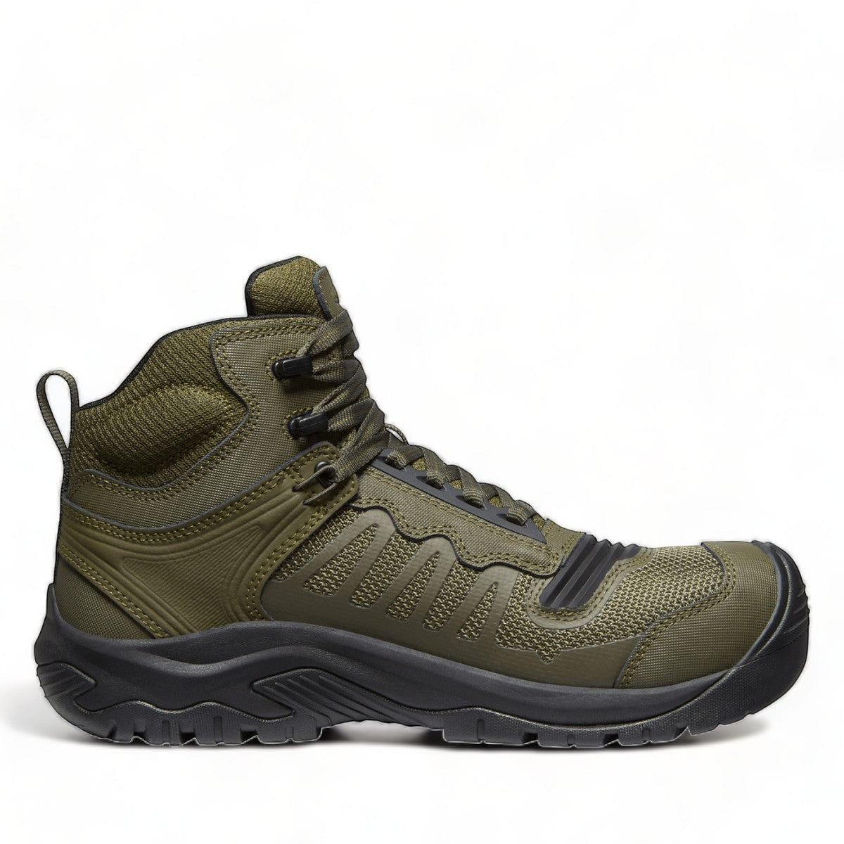 KEEN CSA Reno Mid kbf waterproof work boot in olive green with carbon toe and durable mesh upper.