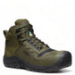 KEEN CSA Reno Mid kbf waterproof work boot in olive green with carbon toe and durable mesh upper.