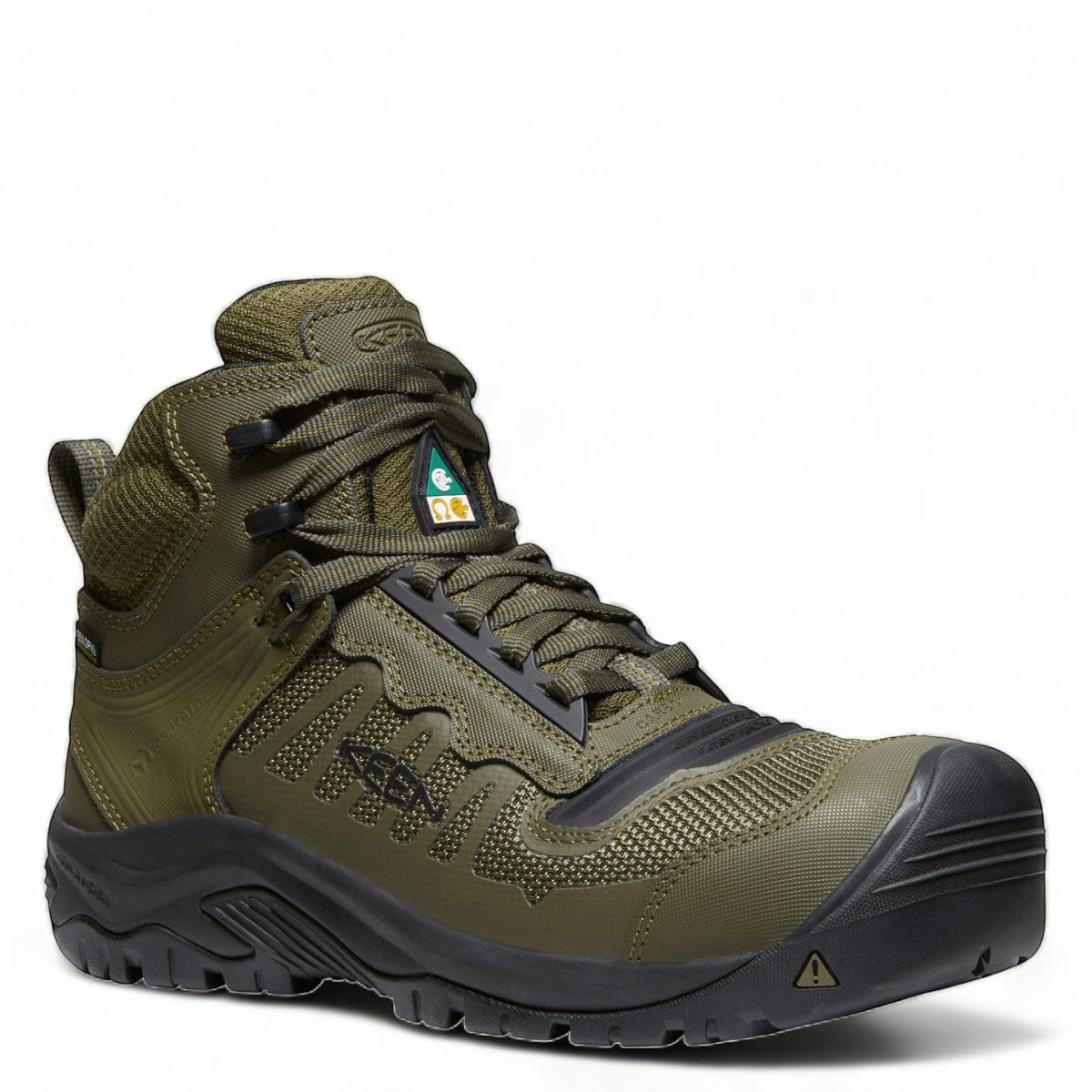 KEEN CSA Reno Mid kbf waterproof work boot in olive green with carbon toe and durable mesh upper.
