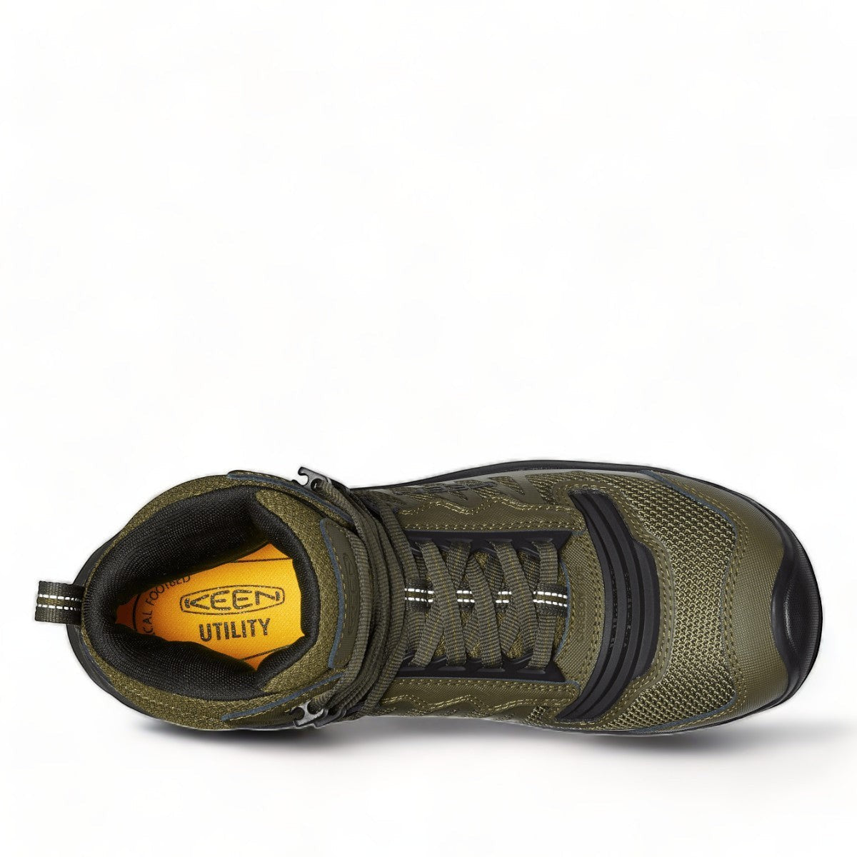 KEEN CSA Reno Mid kbf waterproof work boot in olive green with carbon toe and durable mesh upper.