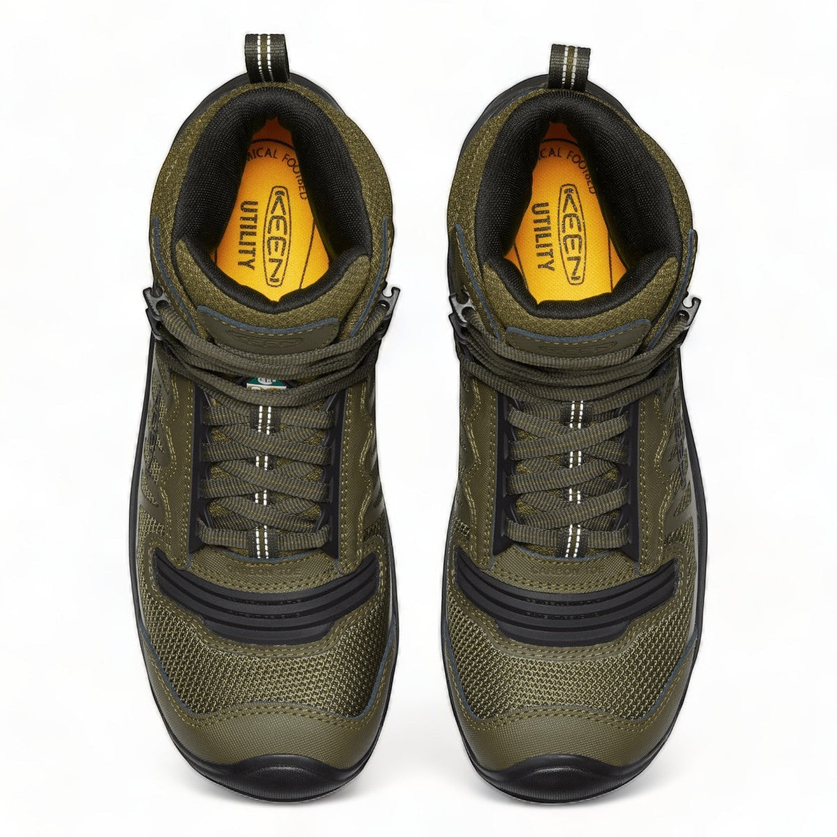 KEEN CSA Reno Mid kbf waterproof work boot in olive green with carbon toe and durable mesh upper.