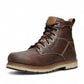 KEEN CSA SAN JOSE 6" WP work boots in brown leather with black laces and a rubber sole. Features a soft toe and waterproof design.