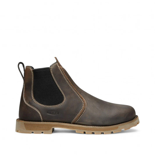 KEEN CSA SEATTLE ROMEO brown leather pull-on work boot with carbon toe and elastic side panels.