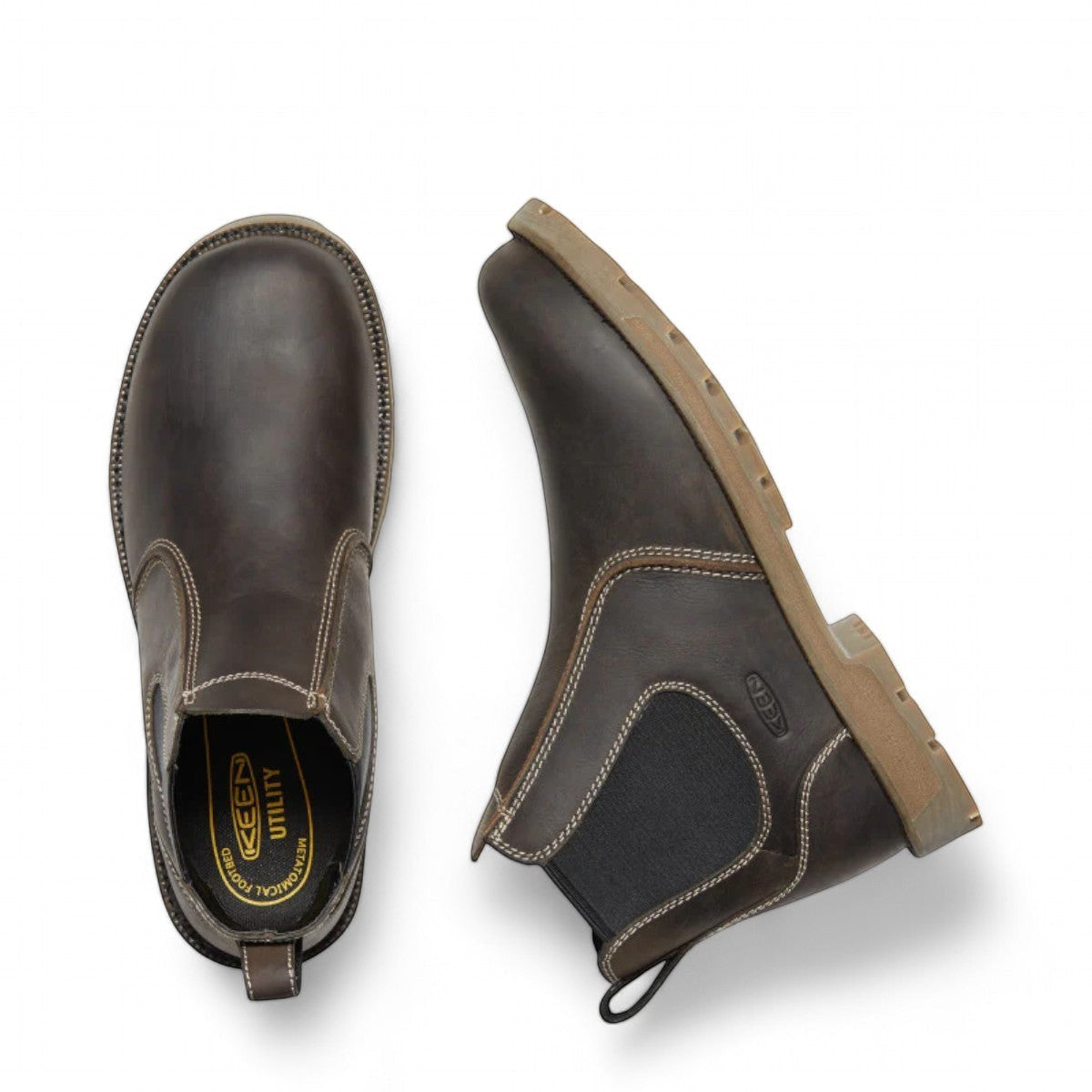 KEEN CSA SEATTLE ROMEO CASCADE brown leather pull-on work boot with carbon toe and elastic side panels.