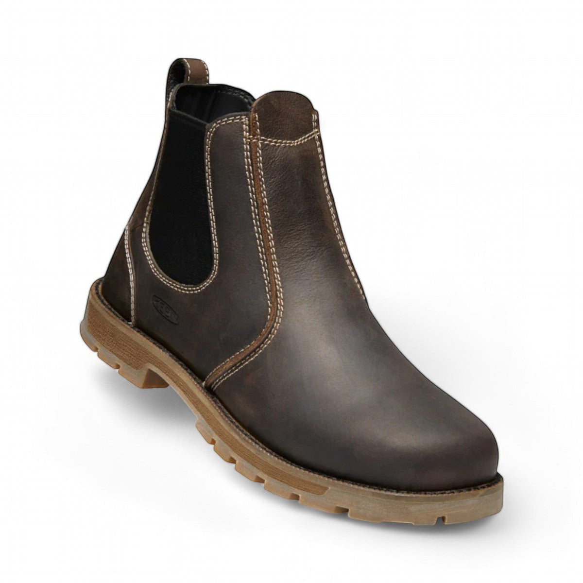 KEEN CSA SEATTLE ROMEO CASCADE brown leather pull-on work boot with carbon toe and elastic side panels.