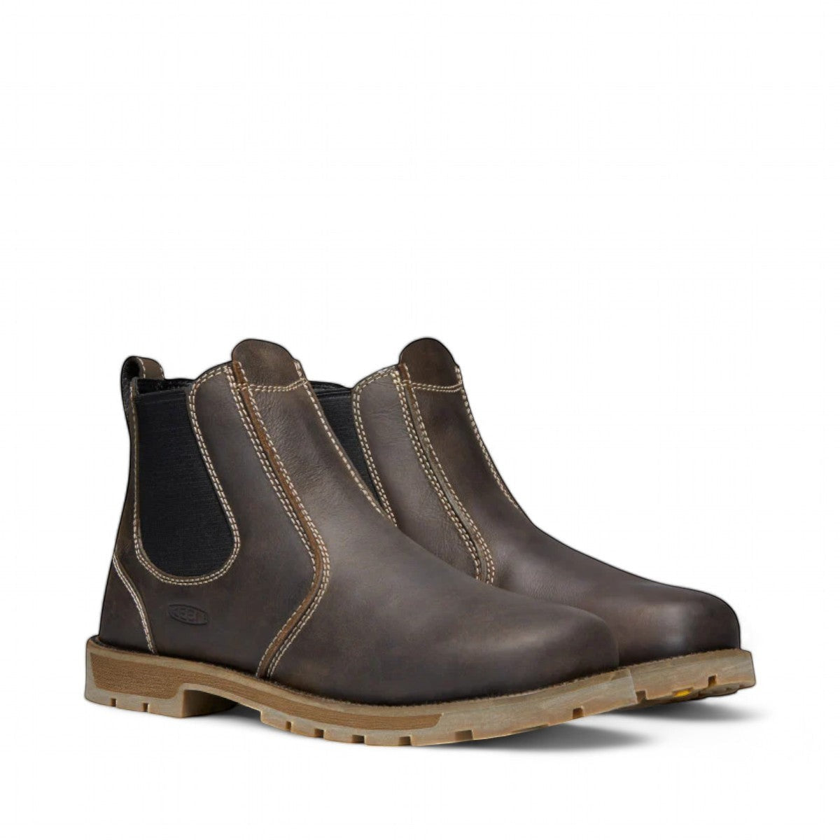 KEEN CSA SEATTLE ROMEO CASCADE brown leather pull-on work boot with carbon toe and elastic side panels.