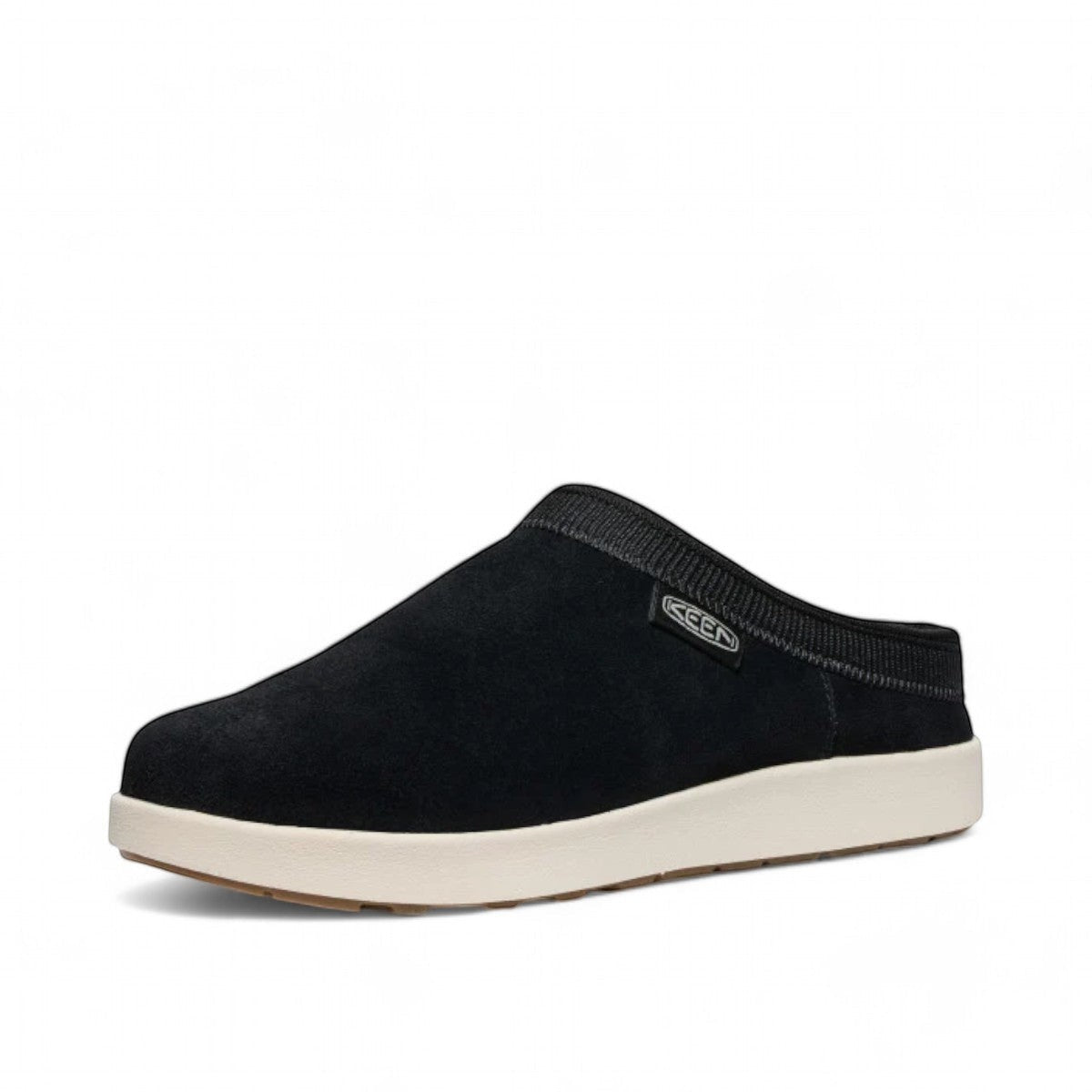 KEEN Elle black/birch suede mule with a white foam midsole and contoured fit for casual comfort.