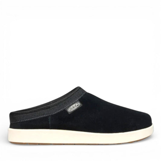 KEEN Elle black/birch suede mule with a white foam midsole and contoured fit for casual comfort.