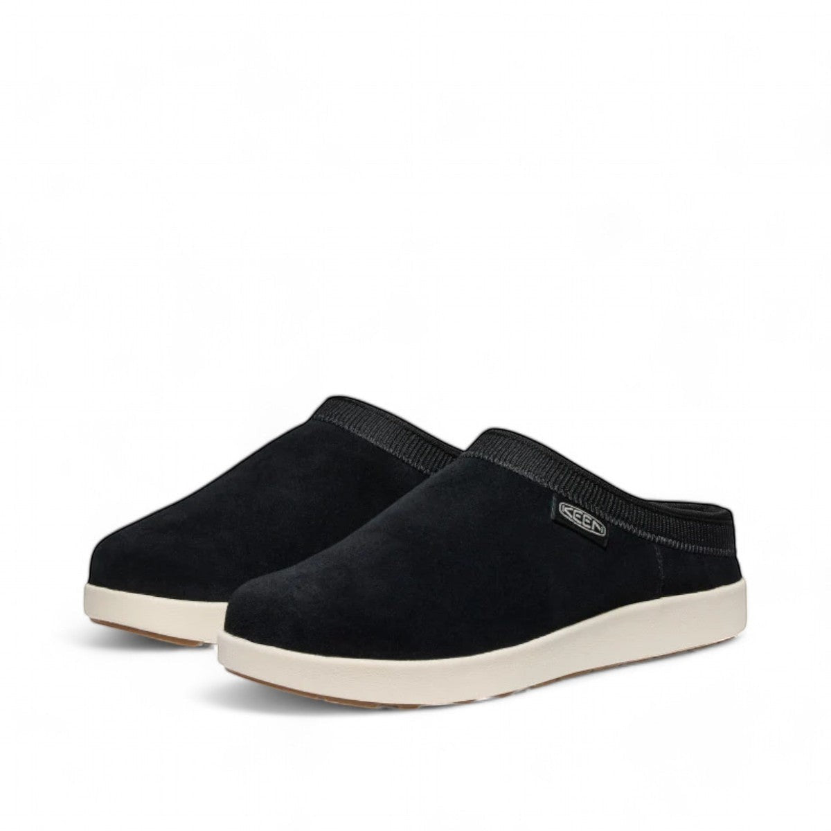 KEEN Elle black/birch suede mule with a white foam midsole and contoured fit for casual comfort.