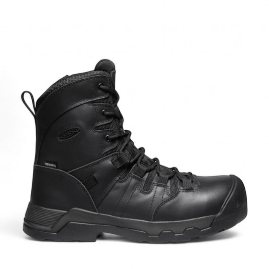 KEEN MEN CSA OSHAWA+ 8" black waterproof leather work boot with side zip, carbon toe, and KEEN.POLAR TRACTION for ice.