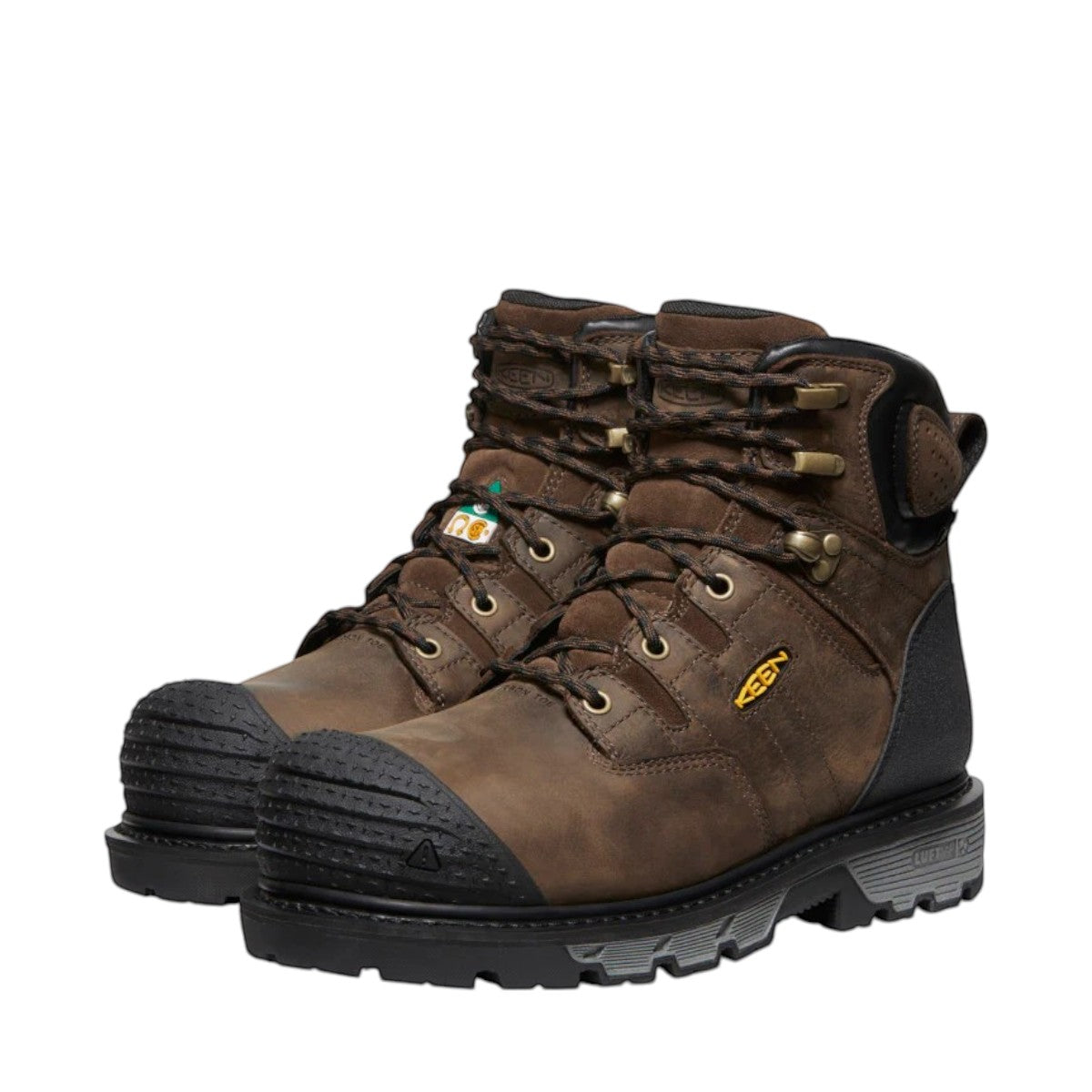 KEEN CSA CAMDEN 6" WP Dark Earth/Black leather work boots with carbon toe, KEEN.DRY waterproof membrane, and oil/slip-resistant sole.