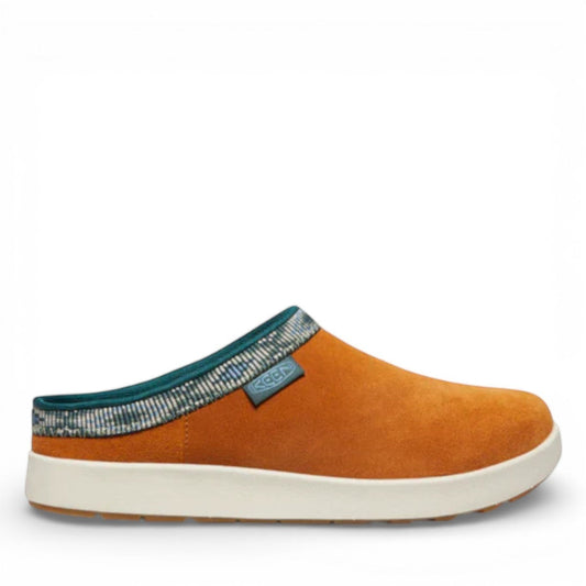 KEEN Elle Suede Mule in orange with a patterned trim and white sole. Comfortable slip-on shoe.