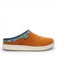 KEEN Elle Suede Mule in orange with a patterned trim and white sole. Comfortable slip-on shoe.