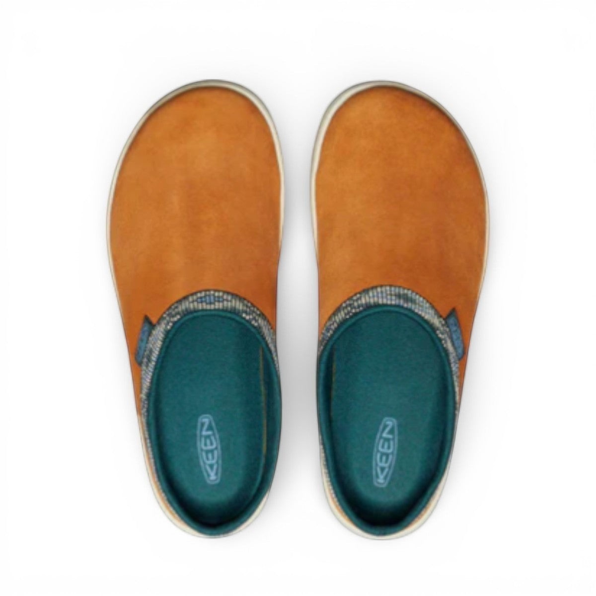 KEEN Elle Suede Mule in orange with a patterned trim and white sole. Comfortable slip-on shoe.