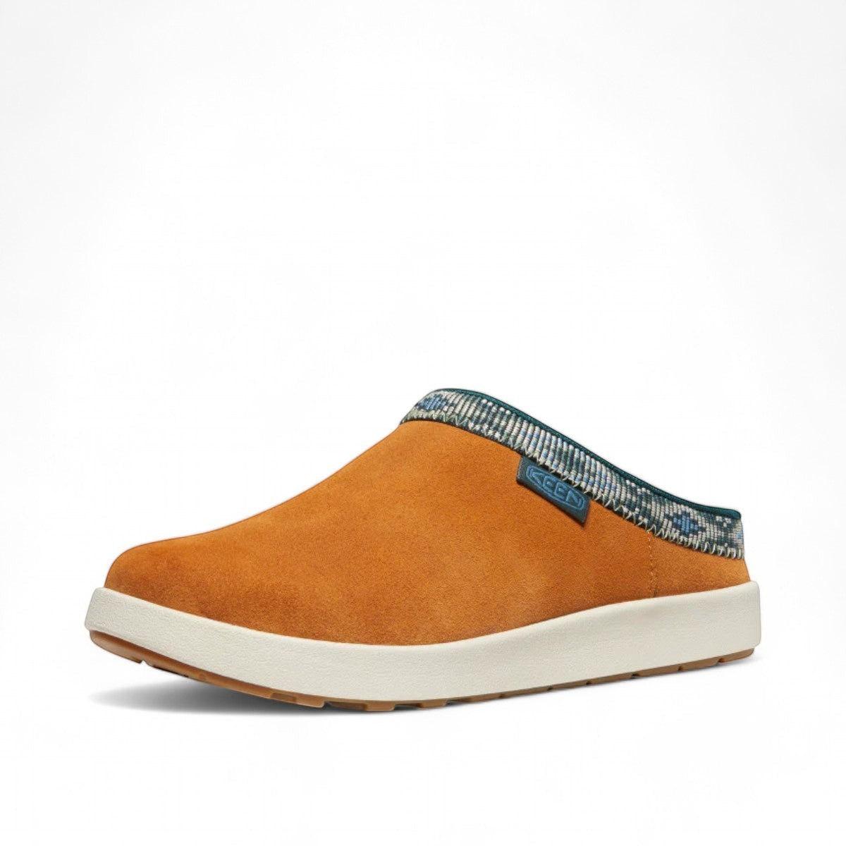 KEEN Elle Suede Mule in orange with a patterned trim and white sole. Comfortable slip-on shoe.