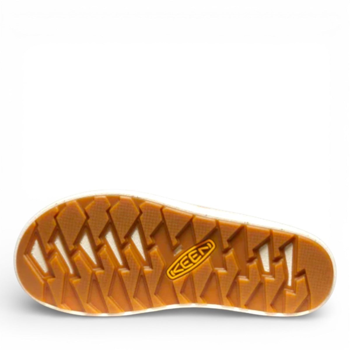 KEEN Elle Suede Mule in orange with a patterned trim and white sole. Comfortable slip-on shoe.