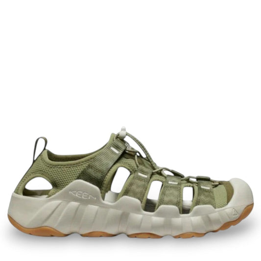 KEEN MEN'S HYPERPORT H2 water sandal in martini olive and plaza taupe with bungee cinch and toe bumper.